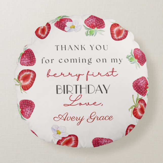 Thank You My Berry First Birthday Cute Strawberry  Round Pillow (Front)