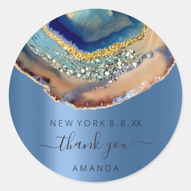 Thank You Name 16th Bridal Agate Glitter Blue Navy Classic Round Sticker (Front)