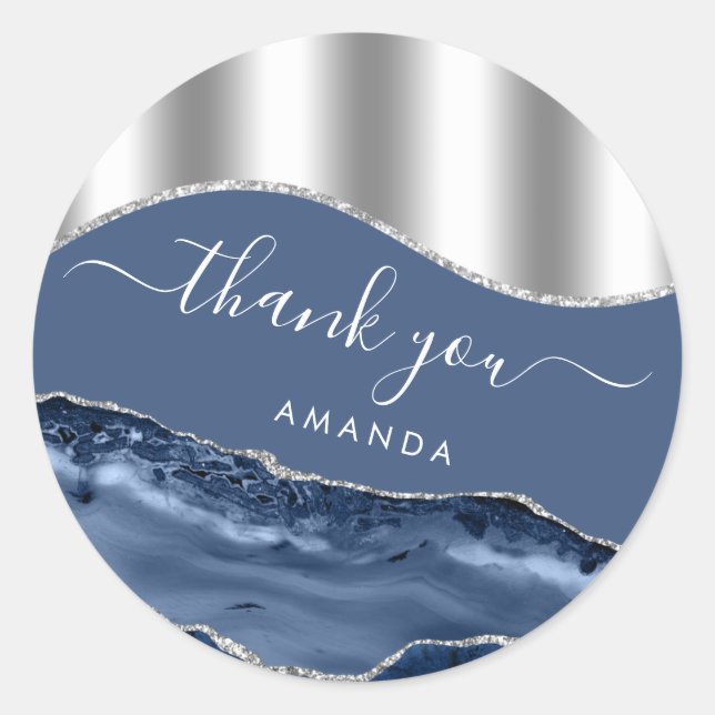 Thank You Name 16th Bridal Blue Navy Silver Marble Classic Round Sticker (Front)