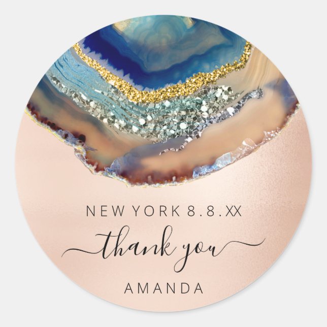 Thank You Name 16th Bridal Glitter Rose Blush Blue Classic Round Sticker (Front)