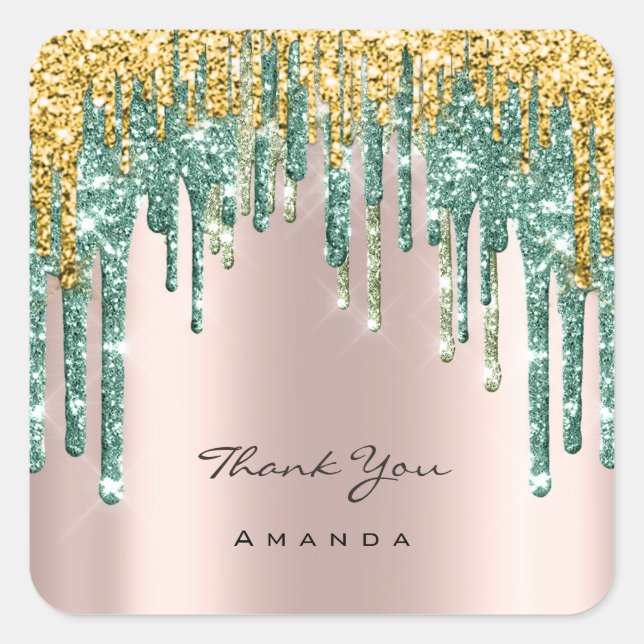 Thank You Name 16th Bridal Rose Glitter Teal Gold Square Sticker (Front)