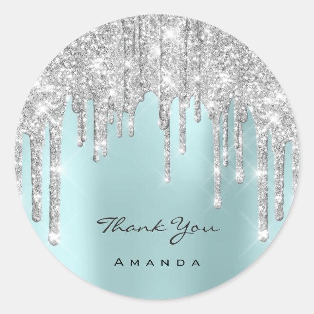 Thank You Name 16th Bridal Silver Glitter Aqua Classic Round Sticker (Front)