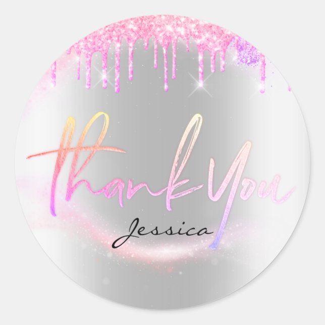 Thank You Name 16th Bridal Silver Pink Sparks Classic Round Sticker (Front)