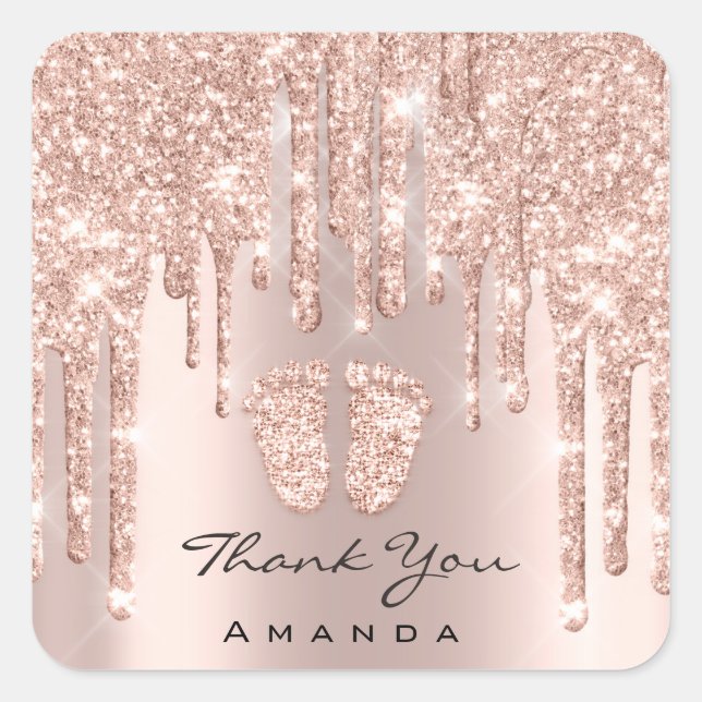 Thank You Name Baby Shower Rose Gold Spark Glam Square Sticker (Front)
