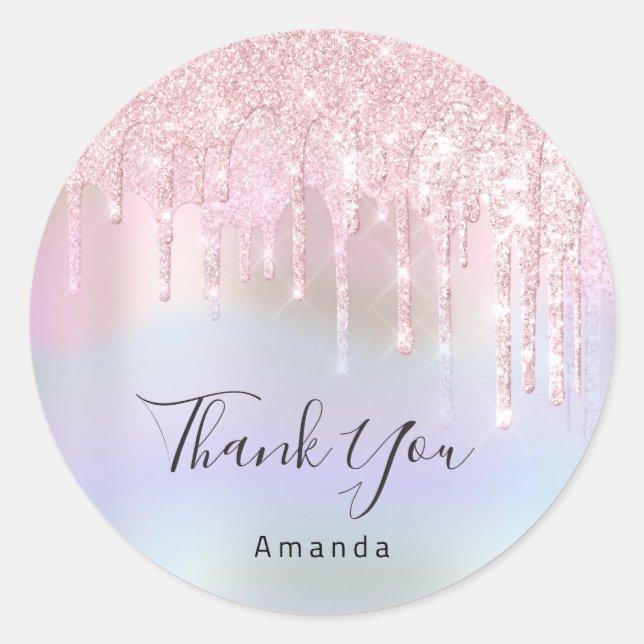 Thank You Name Bridal Pink Glitter Holograph Classic Round Sticker (Front)