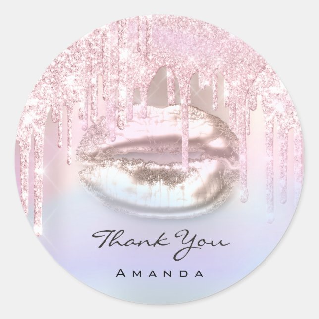 Thank You Name Bridal Pink Rose Holograph Kiss Lip Classic Round Sticker (Front)