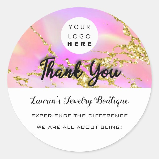 Thank You Name Custom Logo Holograph Glitter Classic Round Sticker (Front)