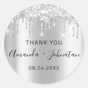 Thank You Name Date Black Silver Grey Drips Classic Round Sticker