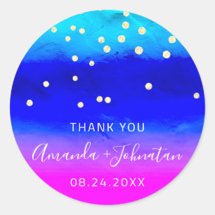 Thank You Name Date Blue Oceanic Pink Confetti Classic Round Sticker