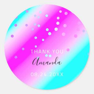 Thank You Name Date Blue Pink Oceanic Confetti Classic Round Sticker