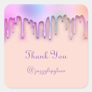 Thank You Name Drip Favour Holograph Pink Square Sticker