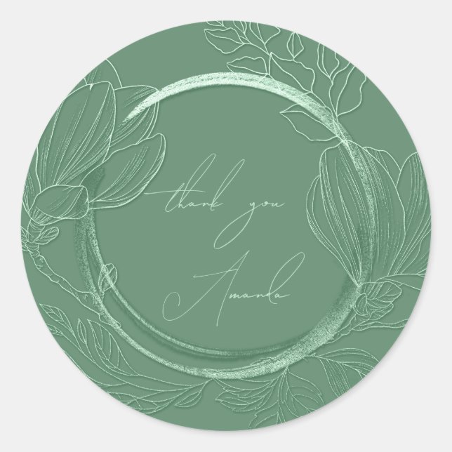 Thank You Name Floral Mint Green Wedding  Classic Round Sticker (Front)