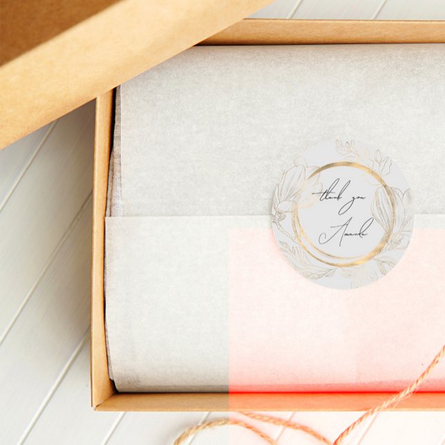 Thank You Name Grey Floral Frame Circle Pastel Cla Classic Round Sticker (Thank You Name Gray Floral Frame Circle Pastel Cla Classic Round Sticker)