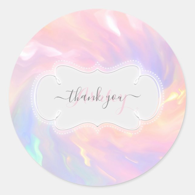 Thank You Name Holographic Princess Pink Pastels Classic Round Sticker (Front)