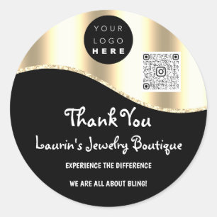 Thank You Name Logo Qr Code Black Gold Glitter   Classic Round Sticker