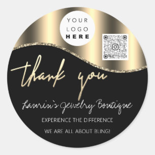 Thank You Name Logo Qr Code Black White Gold  Classic Round Sticker