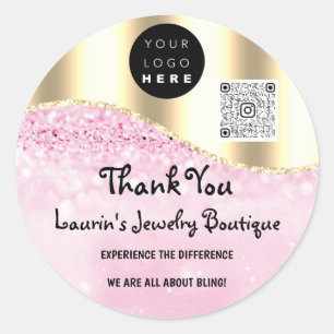 Thank You Name Logo Qr Code Pink Gold Glitter  Classic Round Sticker
