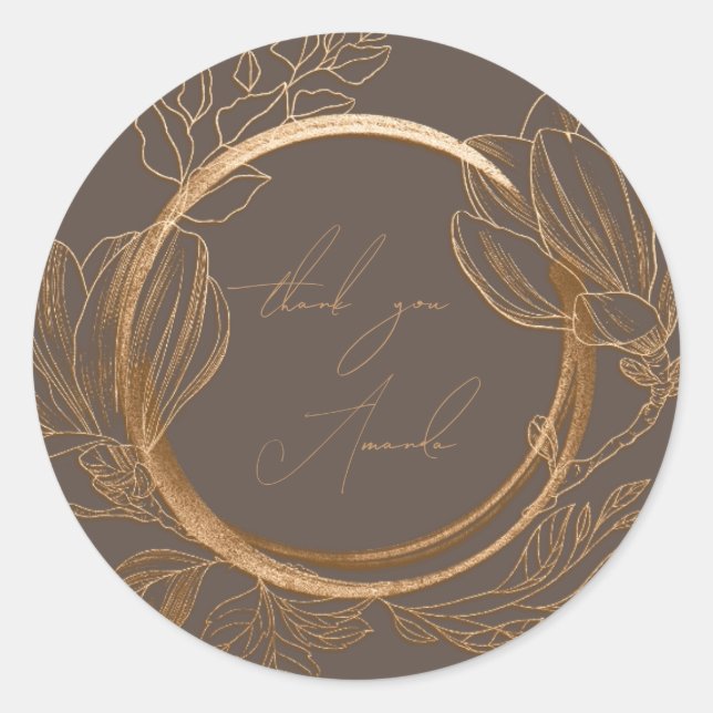 Thank You Name Magnolia Floral Garden Gold Grey Classic Round Sticker (Front)
