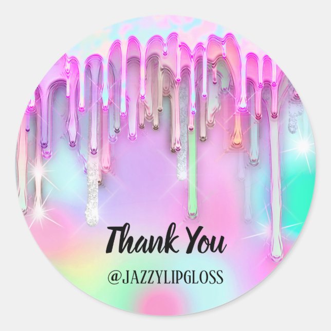 Thank You Name Pink Drip Holograph Drip  Classic Round Sticker (Front)