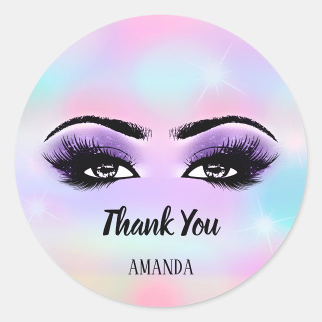 Thank You Name Pink Holograph Pastels Eyelashes Classic Round Sticker (Front)