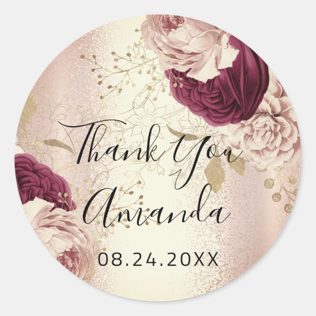 Thank You Name  Rose Gold  Florals Marsala Classic Round Sticker (Front)