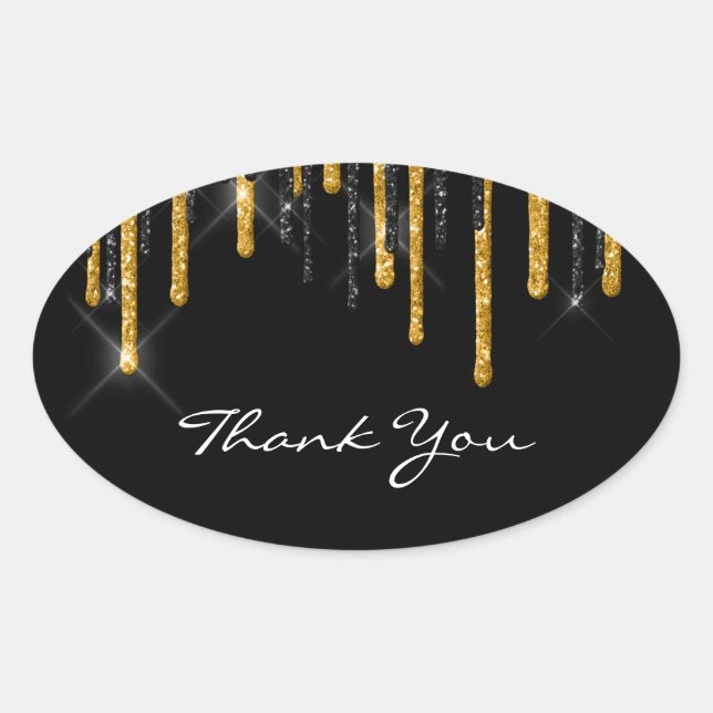 Thank You Name Wedding  Black Gold Drips Oval Sticker (Front)