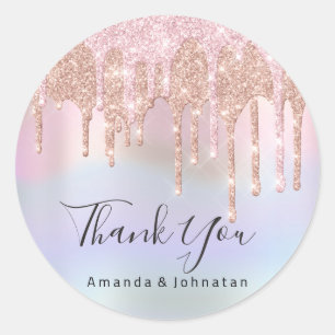 Thank You Name Wedding Pink Glitter Holograph Classic Round Sticker