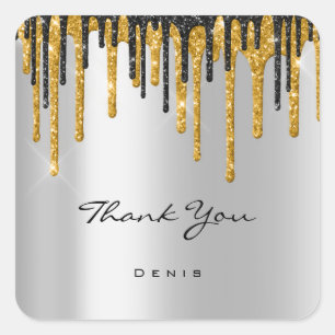 Thank You Name Wedding Silver Grey Gold Drips Square Sticker
