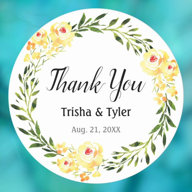 Thank You, Names & Date Yellow W/C Flowers Wedding Classic Round Sticker (Creator Uploaded)