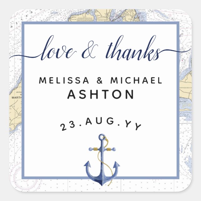 Thank You Nautical Chart Anchor Wedding / Event Square Sticker (Front)