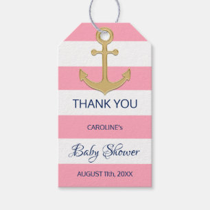 THANK YOU Nautical Navy Blue Pink Girl BABY SHOWER Gift Tags