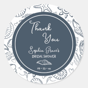 Thank You Navy Blue Seashells Doodles Classic Round Sticker