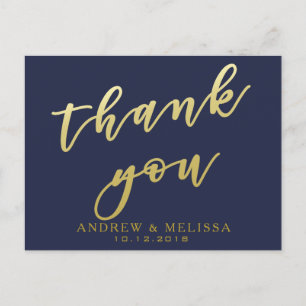Thank you Navy & Faux Gold Script Postcard