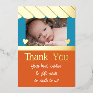 Thank you new baby gifts blue orange foil card