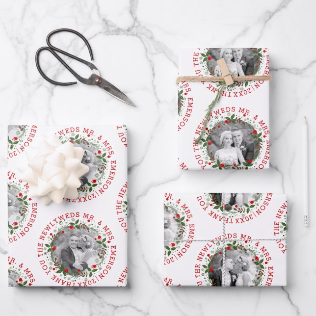 Thank You newlyweds Mr and Mrs three photo Wrapping Paper Sheet (Front)