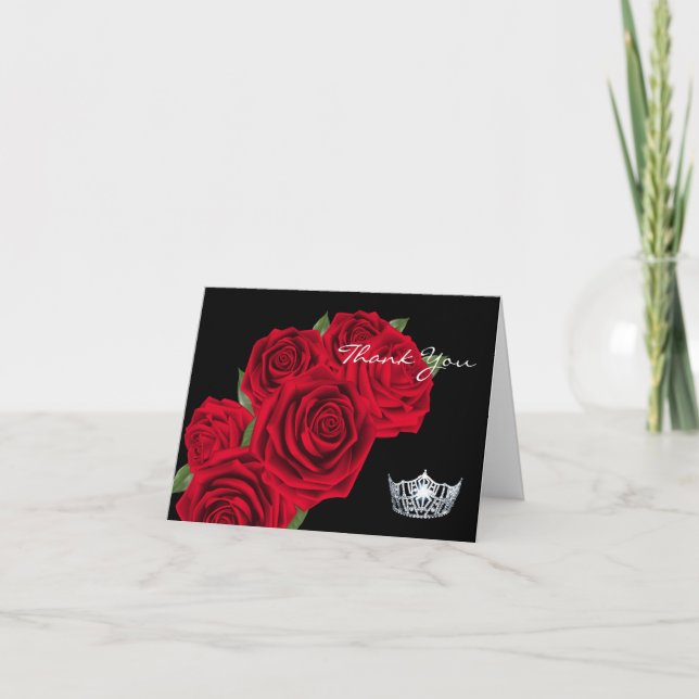 Thank You Note Card-Crown & Red Roses (Front)