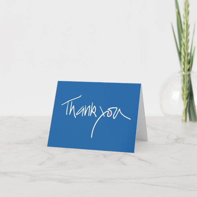 Thank you note card in blue with fuchsia dot (Front)