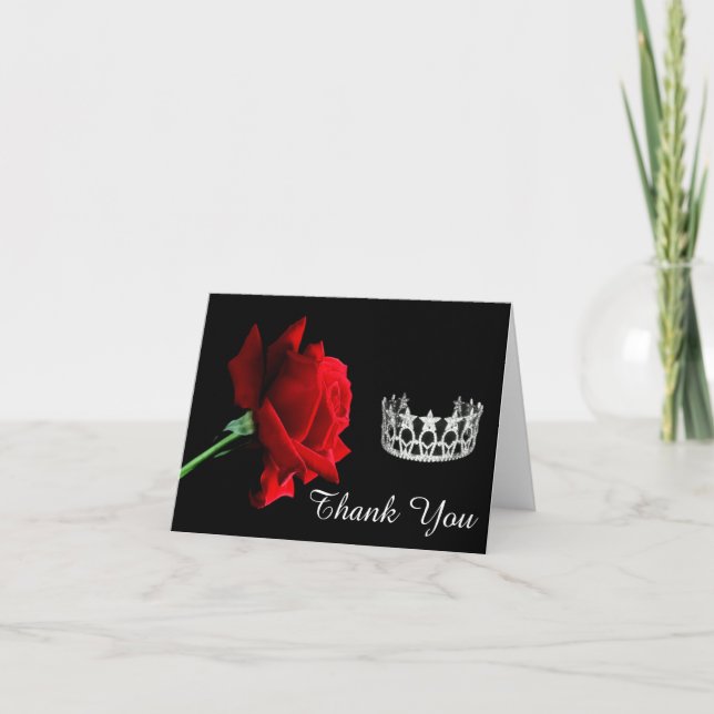 Thank You Note Card-Pageant Crown-Red Rose Card (Front)