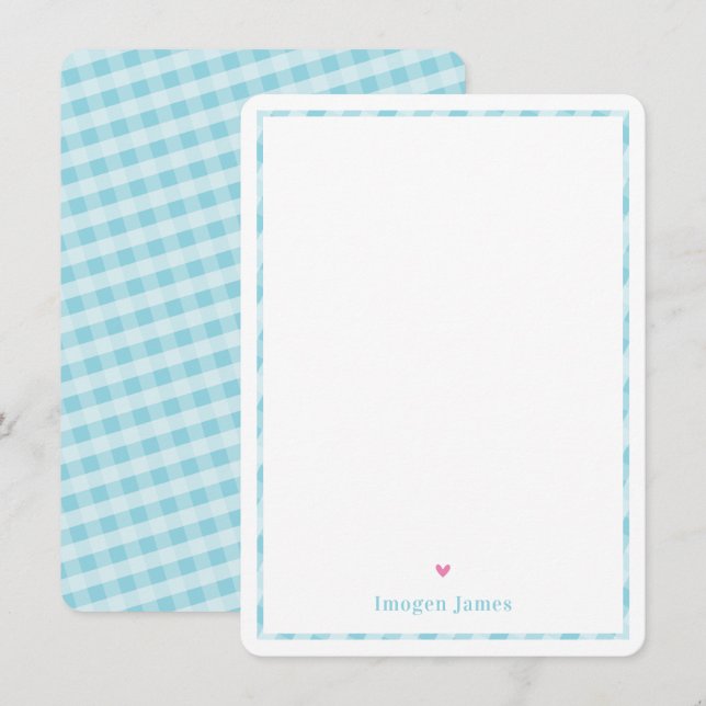 THANK YOU NOTE cute pretty check aqua blue heart (Front/Back)