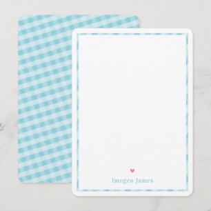 THANK YOU NOTE cute pretty check aqua blue heart
