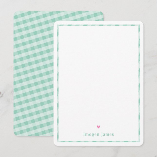 THANK YOU NOTE cute pretty mint green check heart Card (Front/Back)