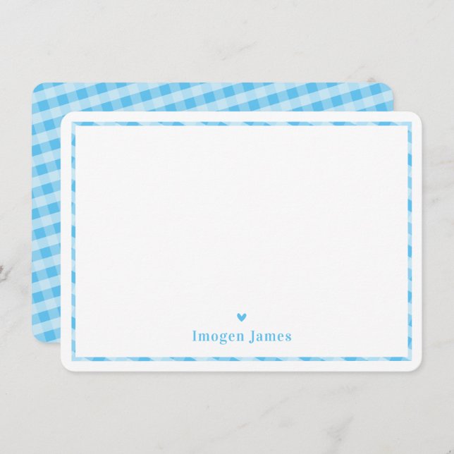 THANK YOU NOTE modern cute check heart pale blue (Front/Back)
