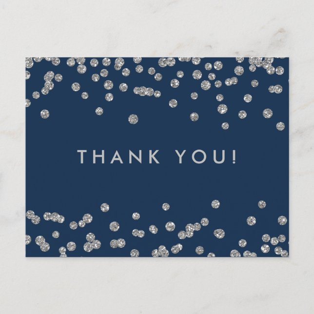 Thank You Note Silver Faux Glitter Confetti Navy Postcard (Front)