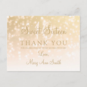 Thank You Note Sweet 16 Gold Bokeh Sparkle Lights Postcard