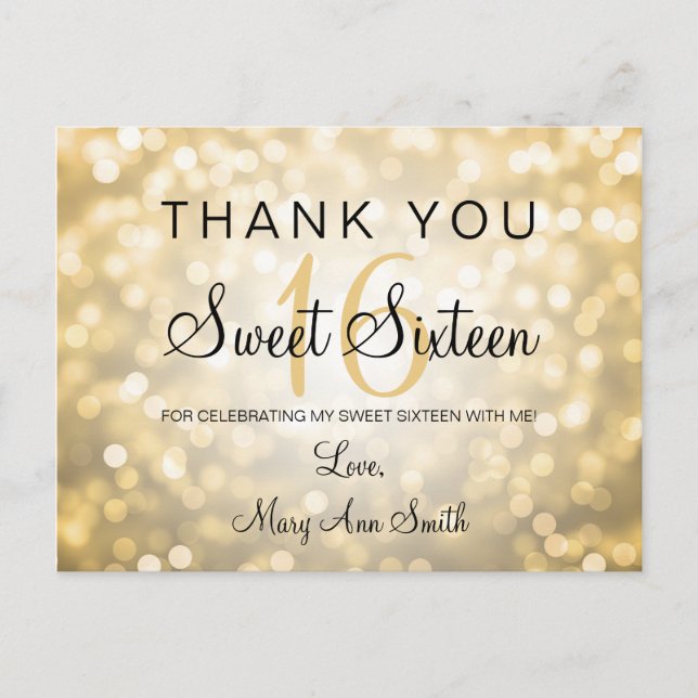 Thank You Note Sweet 16 Gold Glitter Lights Postcard (Front)