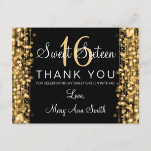 Thank You Note Sweet 16 Party Sparkles Gold Postcard