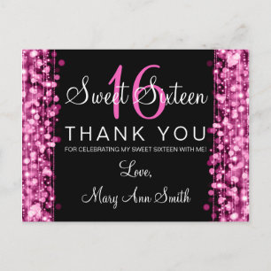 Thank You Note Sweet 16 Party Sparkles Pink Postcard