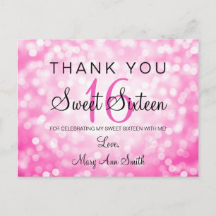 Thank You Note Sweet 16 Pink Glitter Lights Postcard