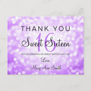 Thank You Note Sweet 16 Purple Glitter Lights Postcard