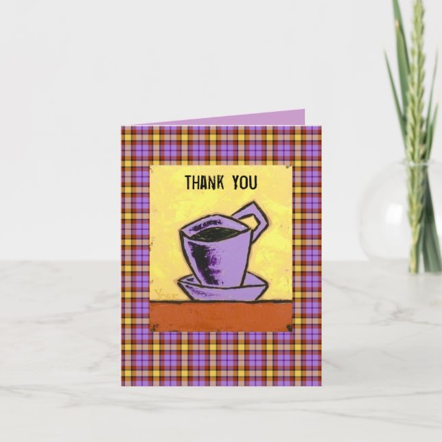 Thank you notecard with coffee cup on plaid (Front)